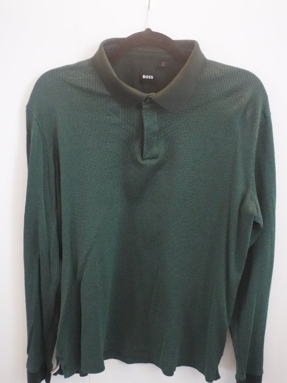 Hugo BOSS Long Sleeve Polo Shirt Green Two-Tone Knit Men's XL